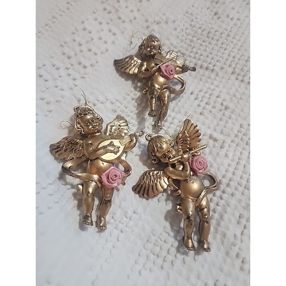 Shatterproof Christmas Ornament lot of 3 Vintage Plastic Musical Angels Cherubs